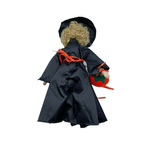 Porcelain Halloween Witch Boo Doll W/Broom Jackolantern Pumpkin Black Spider Hat - Picture 2 of 7